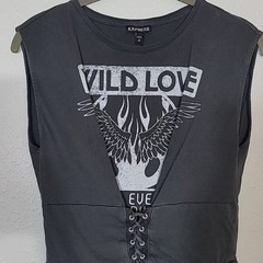 Express Wild Love Graphic Lace Up T-Shirt Size S Gray Grunge Y2K Goth Streetwear