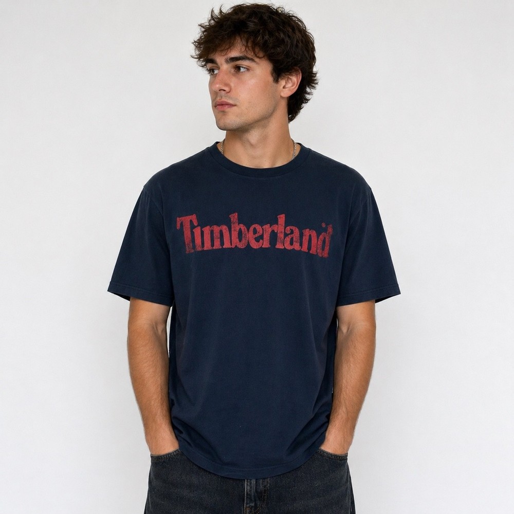 Timberland Spellout Logo T Shirt Mens XL Navy Blue Red Graphic Cotton Tee