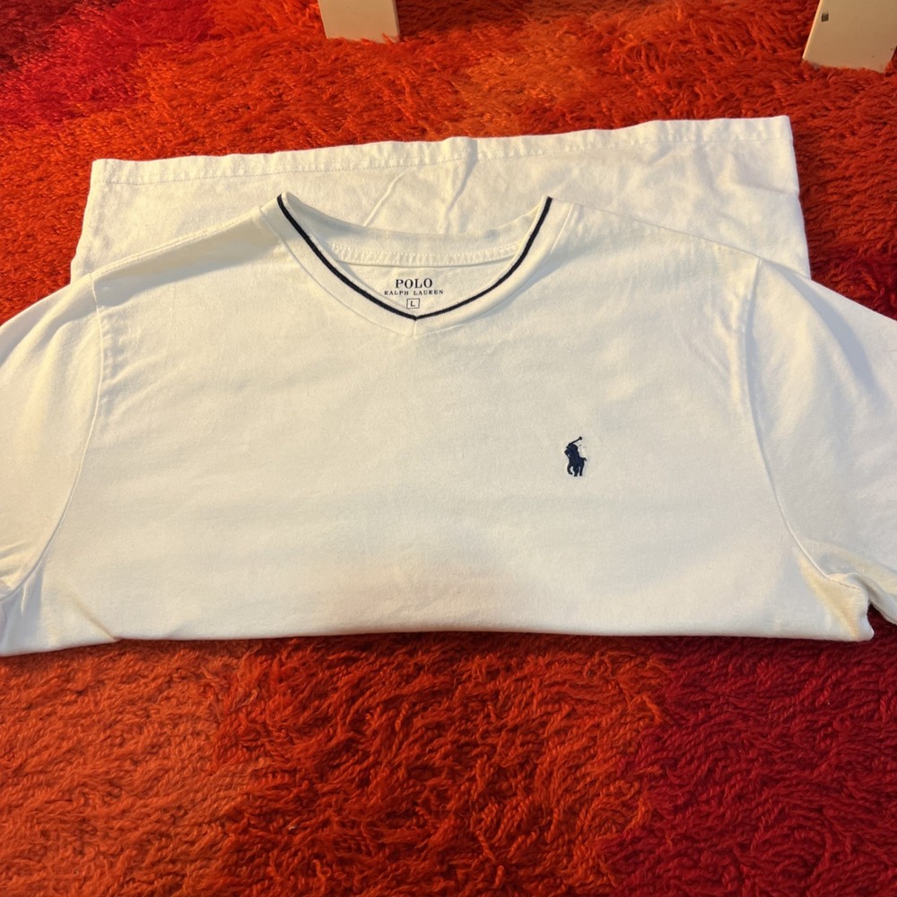 Polo Ralph Lauren V Neck White Top Navy Collar Large