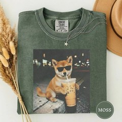 Funny Shiba Inu Drinking Iced Coffee Shirt, Animal Meme Tee T-Shirt