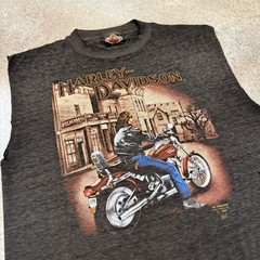 Vintage 1990 Harley Davidson 3D Emblem Cut Off Tee Shirt Large Peru Illinois