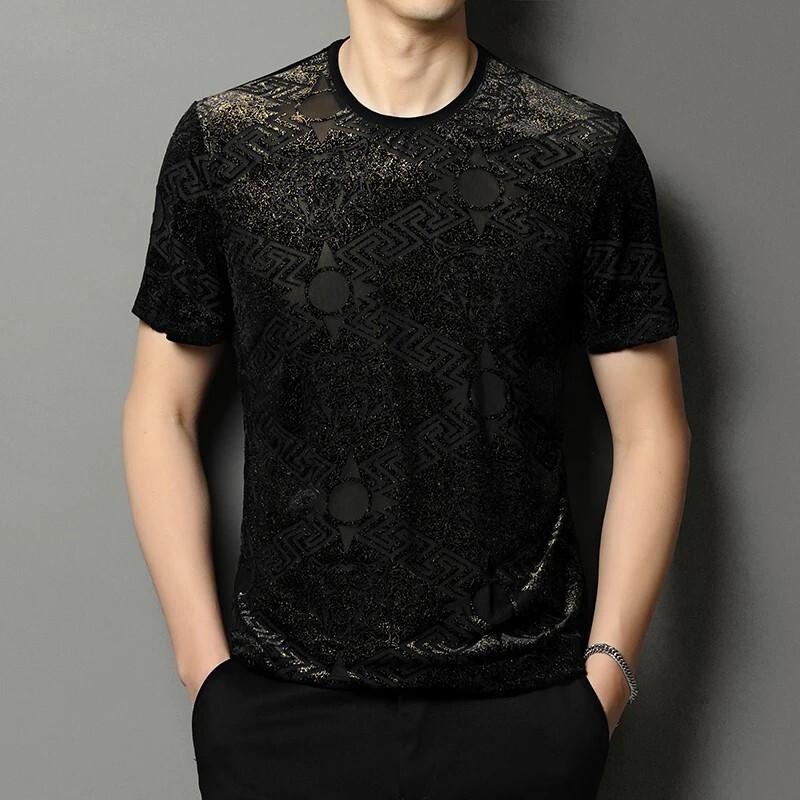 New Men Fashion Bronzing Flocking Trend Silky Velvet Summer Short Sleeve T-Shirt