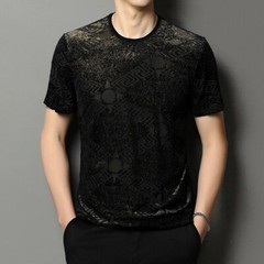 New Men Fashion Bronzing Flocking Trend Silky Velvet Summer Short Sleeve T-Shirt