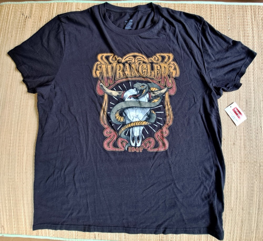 WRANGLER 2XL Rattle Snake BULL STEER SKULL Graphic Black Short Sleeve T Shirt