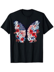 Cute Butterfly and Flower Red, White, and Blue American Flag 4th of July T-shi