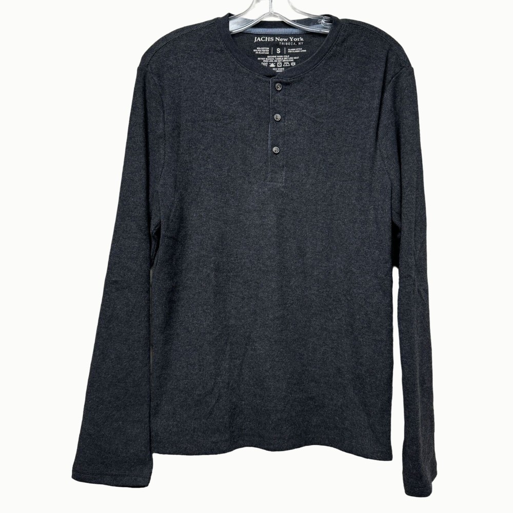 Jachs New York Tribeca Waffle Print Henley Shirt Long Sleeve Charcoal Gray S