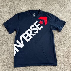 Converse Shirt Mens Small Navy Blue White Wrap Around Print Short Sleeve Casual