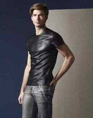 Men T-Shirt Black Stylish Handmade Lambskin Genuine Leather Summer Casual Soft