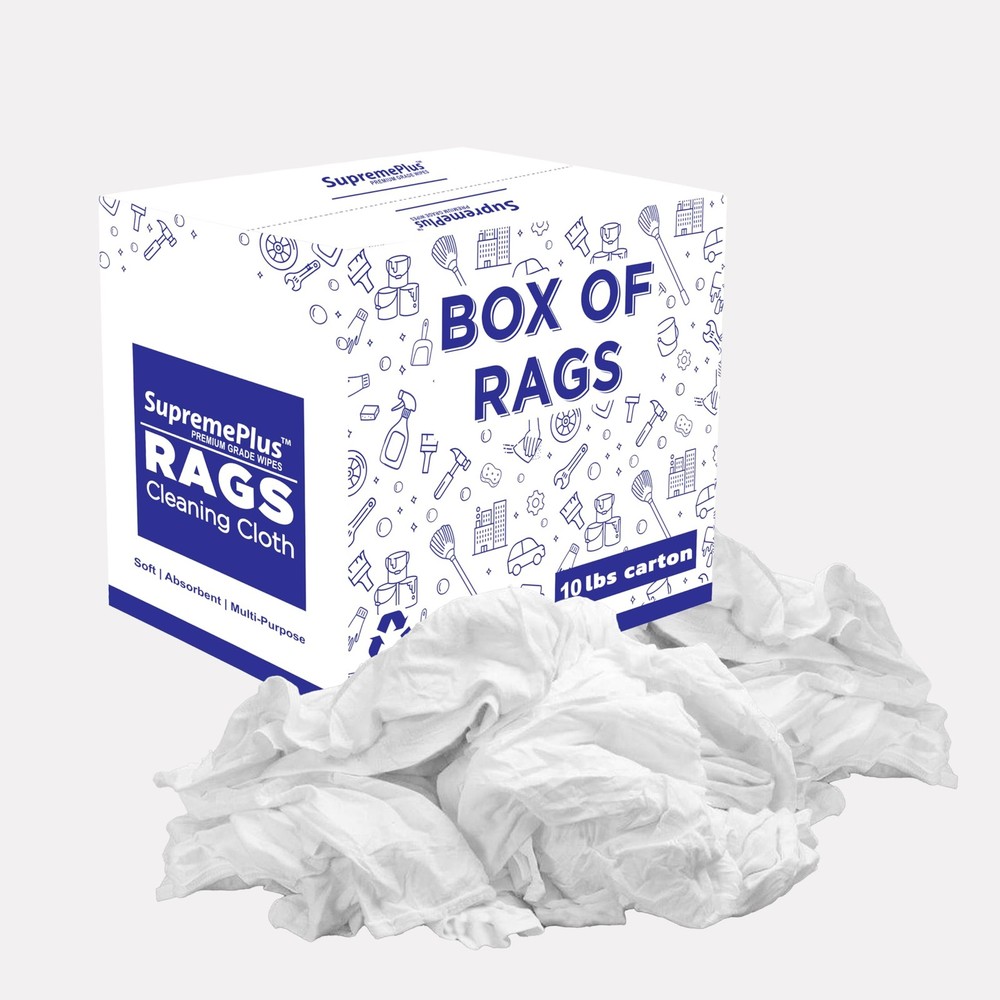 SupremePlus White T-Shirt Rags 10 lbs Cotton Multi-Purpose Cleaning Shop Towels