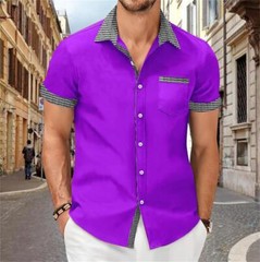 Camisa Con Botones Elegante De Manga Corta Para Hombres Sólida Cuello Levantado