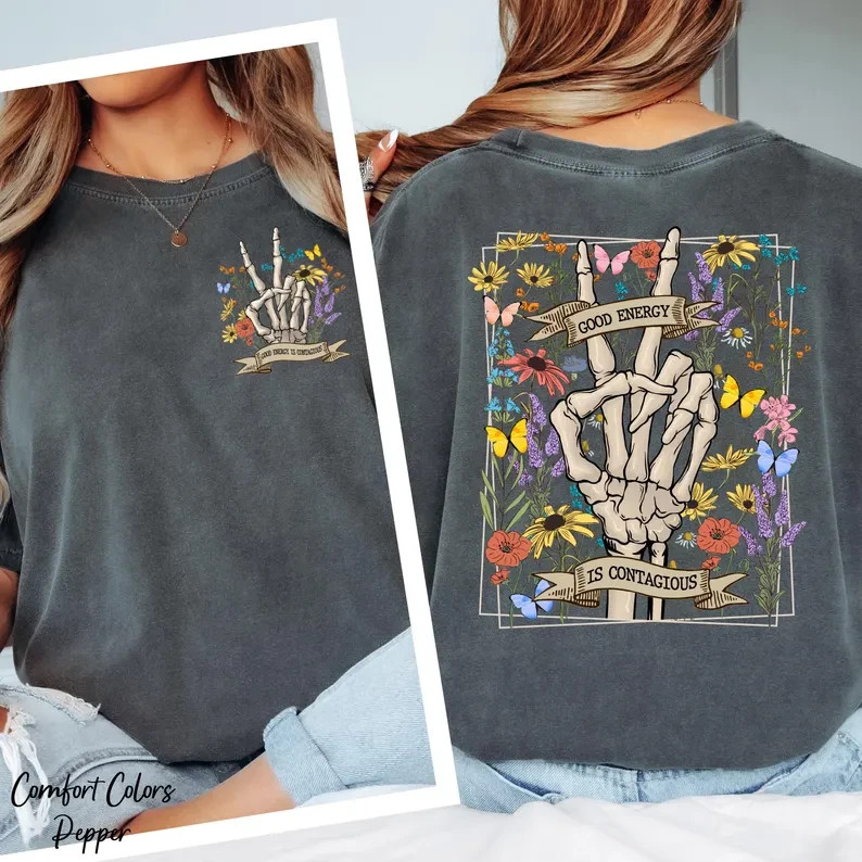Retro Skeleton Peace Sign T-Shirt Floral Graphic Graphic Tee Vintage Style Gift