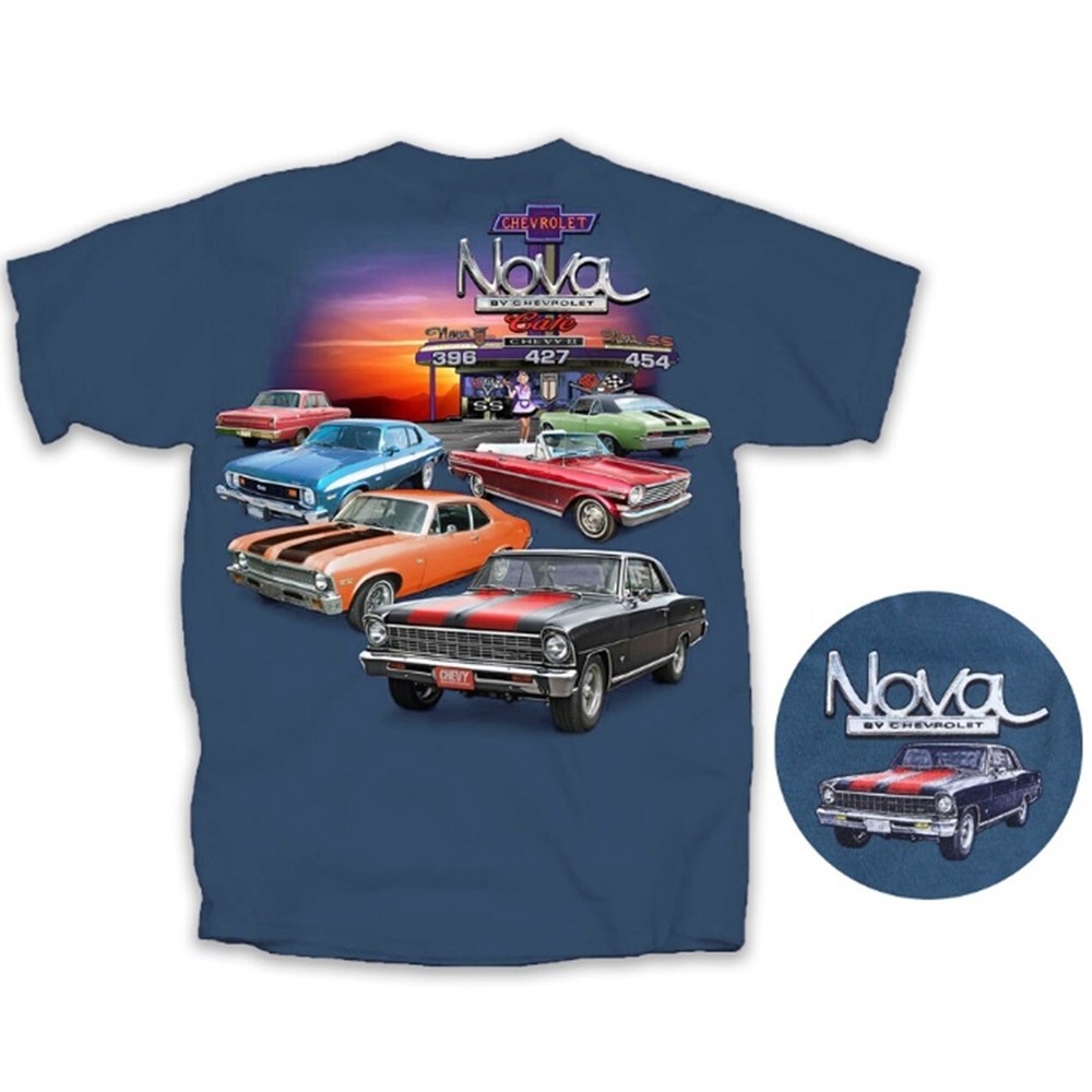 Joe Blow T’s Nova Cafe Indigo Blue Mens T-Shirt Chevy II SS 396 1963 64 67 71 73