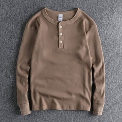 Retro Thread Cuff Knitted Waffle T-Shirt Men’s Long Sleeve Henry Collar Shirt