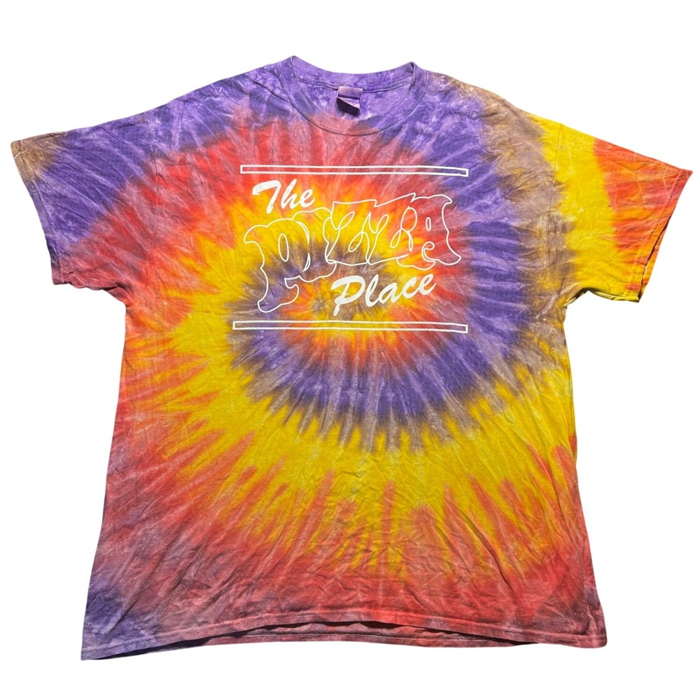 Vintage Tie Dye Pizza Place T Shirt Mens XL Purple Red Yellow Spiral Colortone