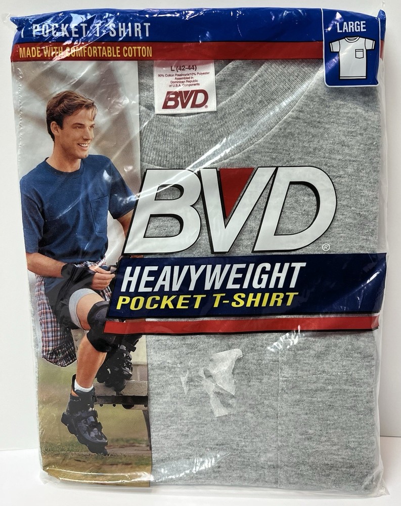 Vintage 90’s BVD Shirt Mens Large 42-44 GRAY HEAVYWEIGHT Pocket Tee T-Shirt NOS