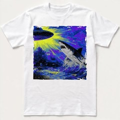 Retro UFO Shark Attack T-Shirt Vintage Sci-Fi Alien Abduction Space Graphic Tee