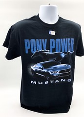 Ford Mustang T-Shirt – Black w/ Blue “Pony Power” Script & Running Pony Logo