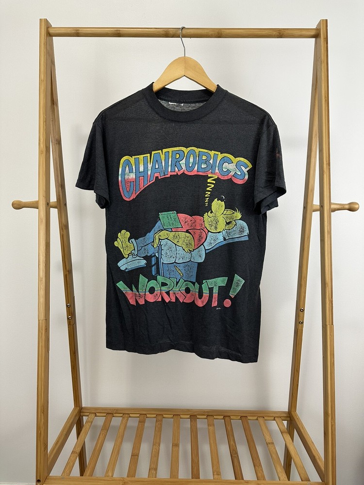 VTG 80s Chairobics Workout Couch Potato SSI Paper Thin Faded Burnout T-Shirt L
