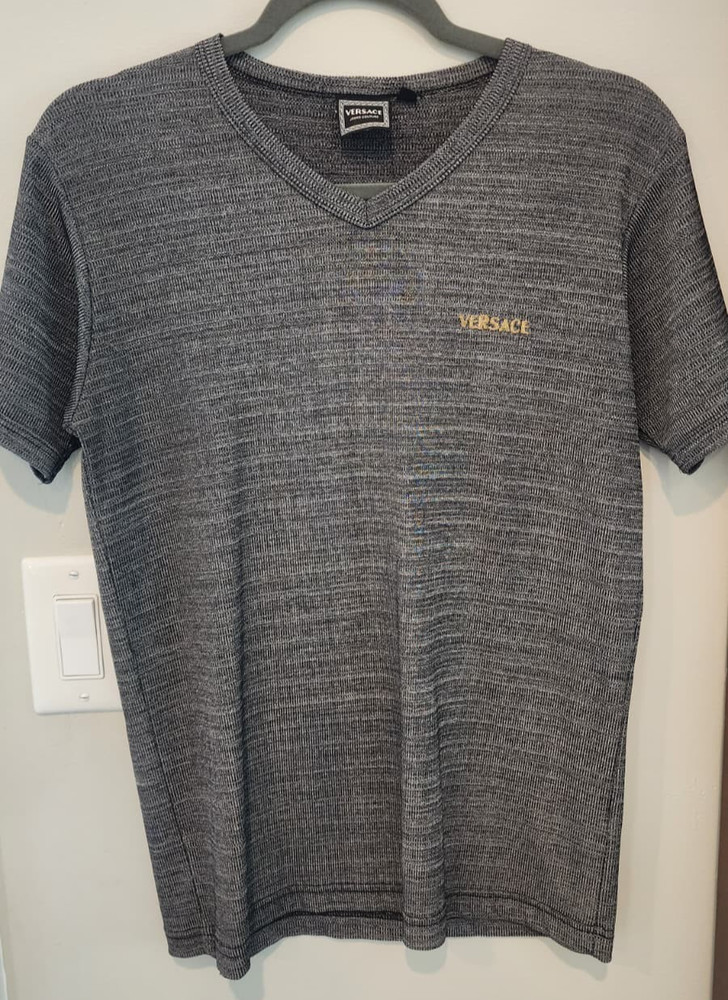 Vintage Versace Jeans Couture V-Neck Short Sleeve Shirt Gray Black Gold Logo S