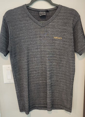 Vintage Versace Jeans Couture V-Neck Short Sleeve Shirt Gray Black Gold Logo S