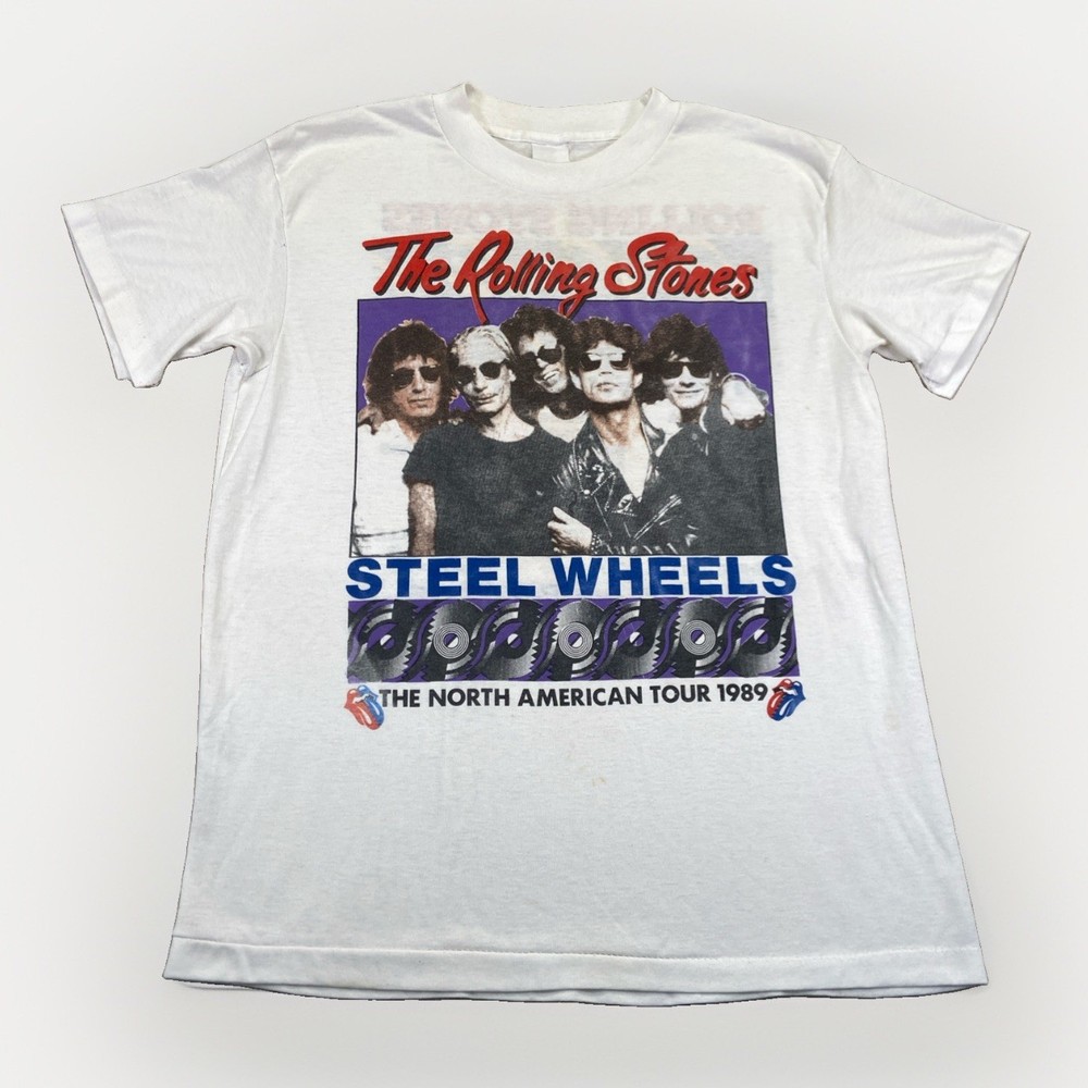 Vintage Rolling Stones Shirt Mens L White Concert Rock 80s Steel Wheels Tour