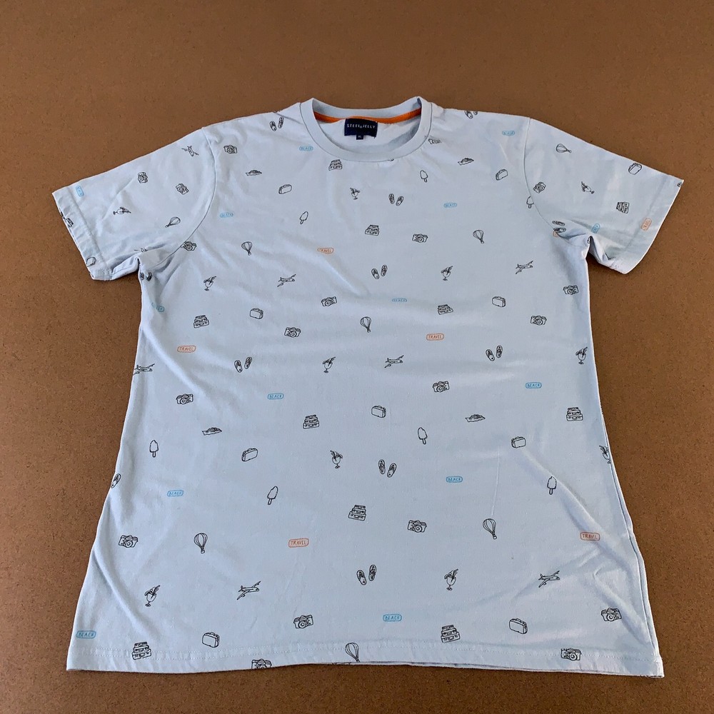 Steel & Jelly Mens XL Light Blue Travel Graphic Short Sleeve Crew Neck Tee *Flaw