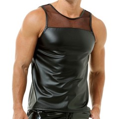 Mens Stretchy Faux Leather Tank Tops Vest Muscle Undershirts Sleeveless Clubwear