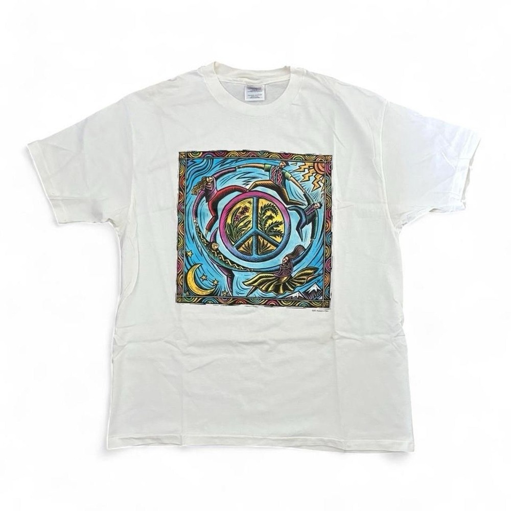 Vintage Human-i-Tees T Shirt World Peace Single Stitch XL White 90s Y2K Original