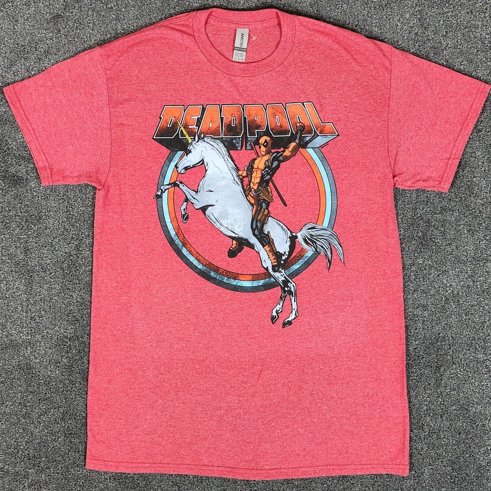 Deadpool T-shirt Mens Medium Red Gildan Heavy Cotton Polyester Riding Unicorn