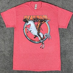 Deadpool T-shirt Mens Medium Red Gildan Heavy Cotton Polyester Riding Unicorn