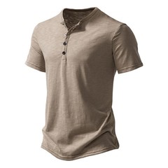 Men Summer Fashion Hip Hop Streetwear T-Shirts Henry Collar Solid Color Cotton T