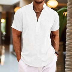2023 Men’s Casual Short Sleeve Cotton Linen Shirts Streetwear Pure Color