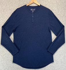 BYLT Mens Henley Shirt Tee Top Drop Cut Long Sleeve Navy Blue Outdoor Size M