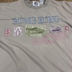 Vintage Hong Kong Shirt Mens XL Beige Embroidered Stamp Graphic Tourist Tee 90s