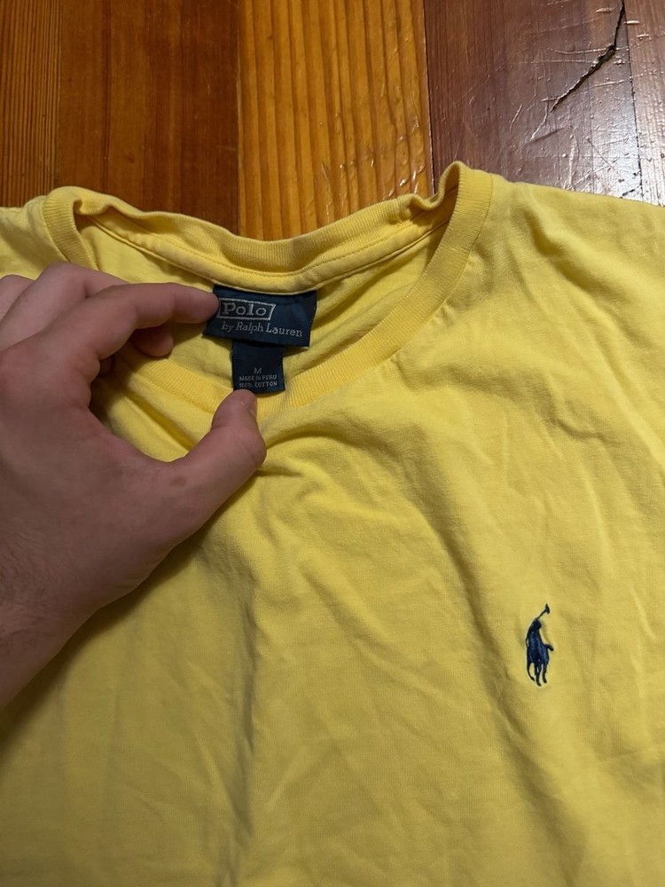 Vintage Polo Ralph Lauren Yellow Single Stitch T-Shirt Navy Blue Pony Logo