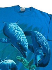 Vintage Hanes T-Shirt Men’s Medium Blue Graphic Print Dolphins Turtle Crew Neck