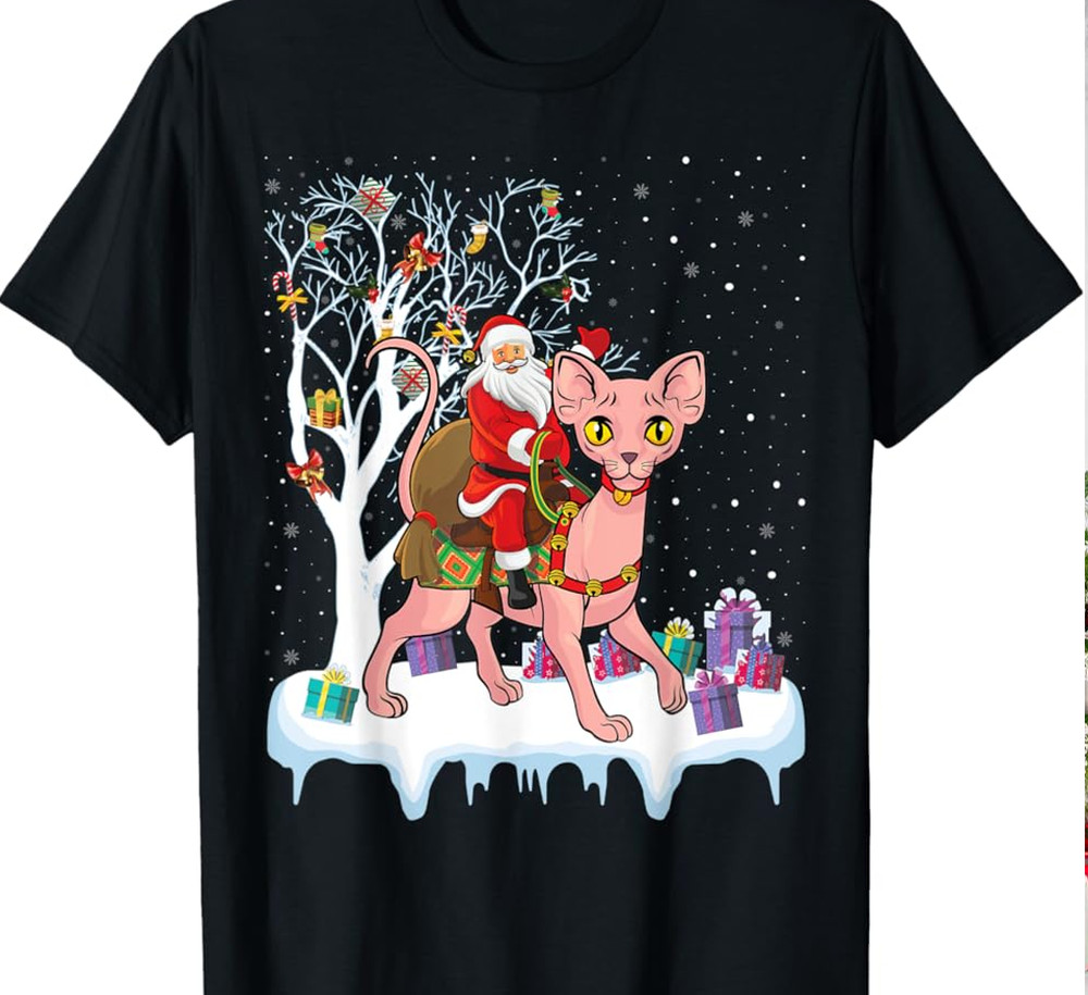 LOVE Sphynx Cat Lover Xmas Holiday Santa CHRISTMAS black T-shirt