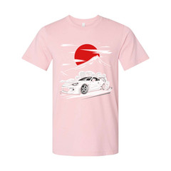 Toyota GR86 Unisex T Shirt With Drift Car Graphic Under Red Sun And Mountain Sce