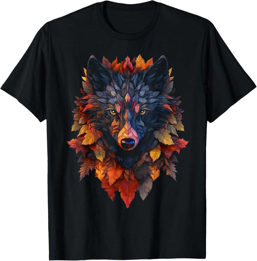 Wolf Autumn Leaves – Art Animal Motif Wolf T-Shirt