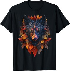 Wolf Autumn Leaves – Art Animal Motif Wolf T-Shirt