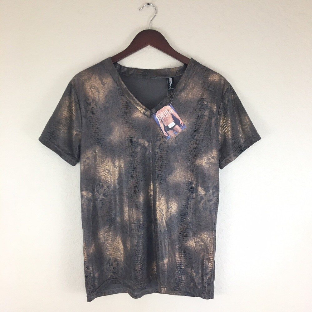 NWT Male Power Animal Print Suede Like Fabric V-Neck Mens T Shirt Sz Large