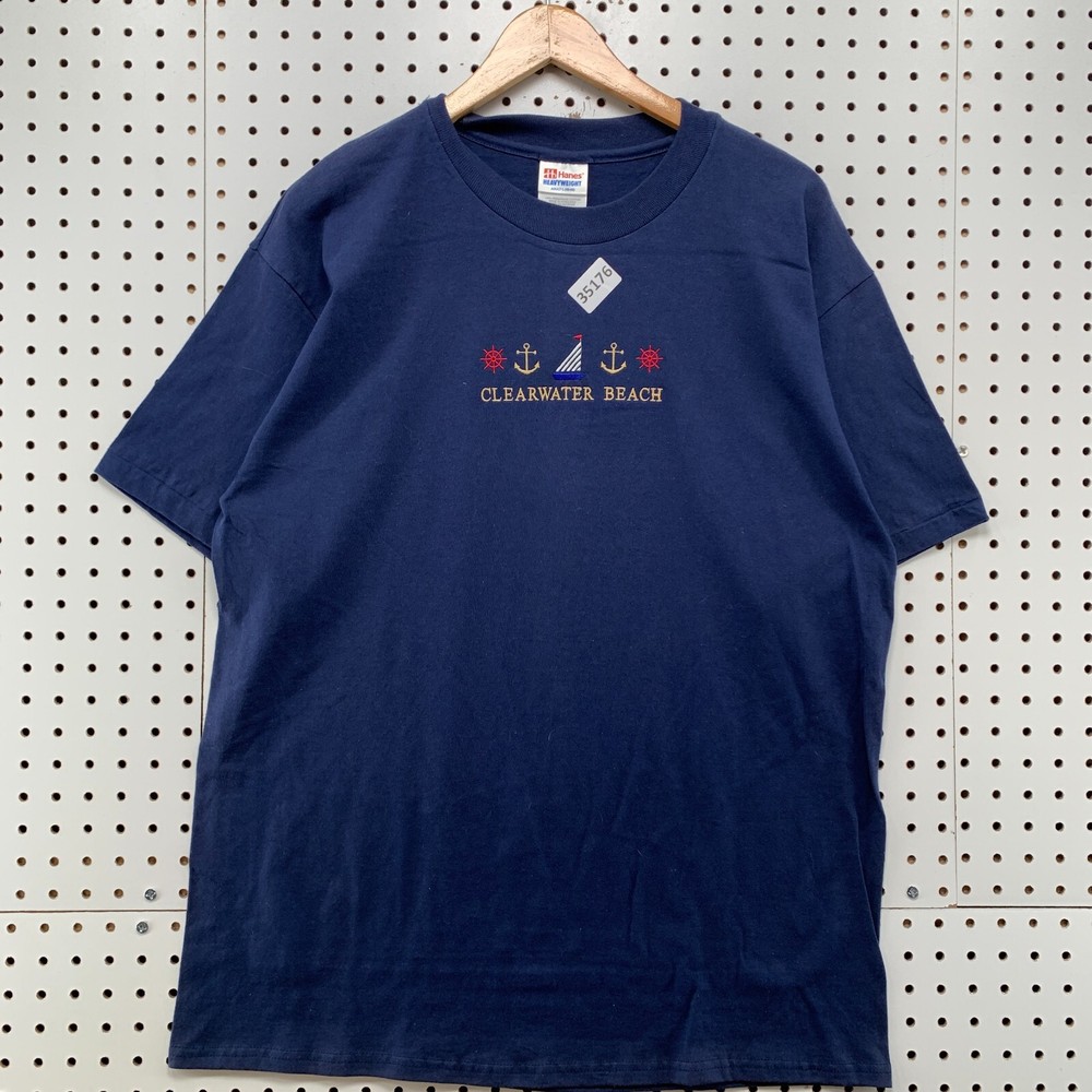 Vintage 90s Clearwater Beach Shirt Mens Large Blue Single Stitch Embroider 22×30