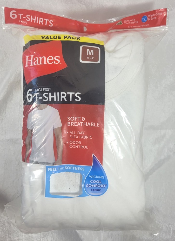 Hanes Men’s 6-Pack Wicking Cool Longer Length Tagless T-Shirts – White – Medium