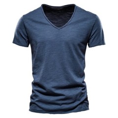 Cotton Men T-shirt V-neck Short Sleeve Fashion Slim Fit Soild T-shirts Tops Tees