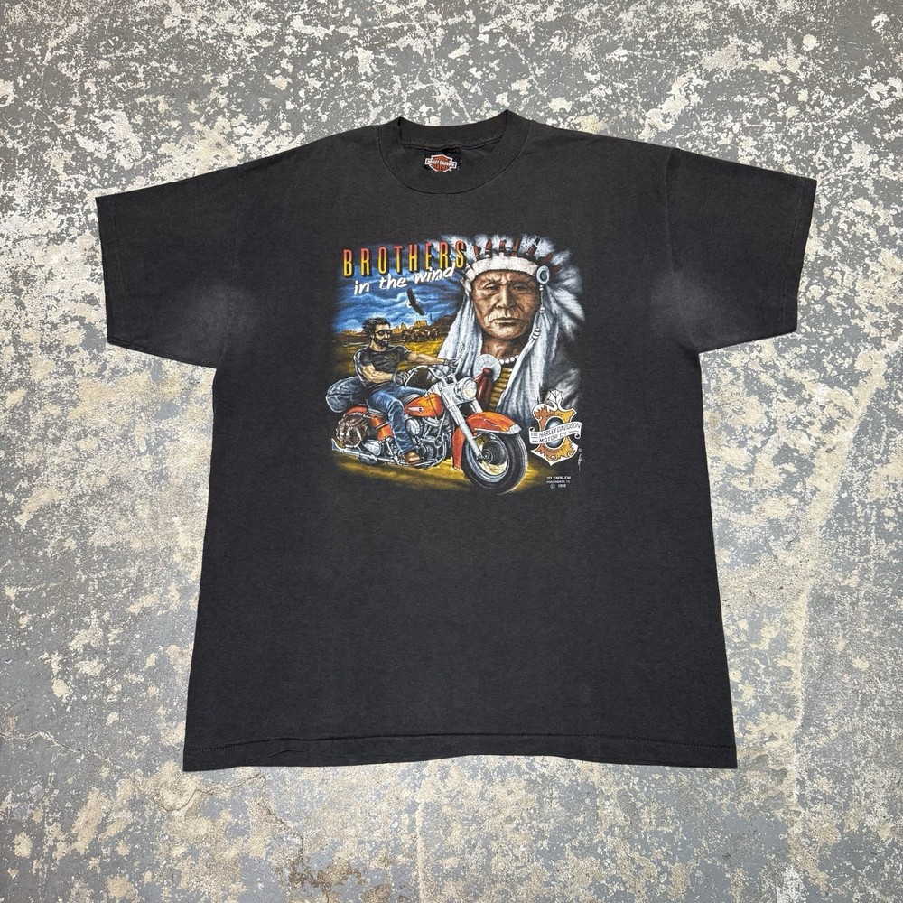 Vintage Brothers In The Wind 3D Emblem Harley Davidson 90s USA Tshirt 1990