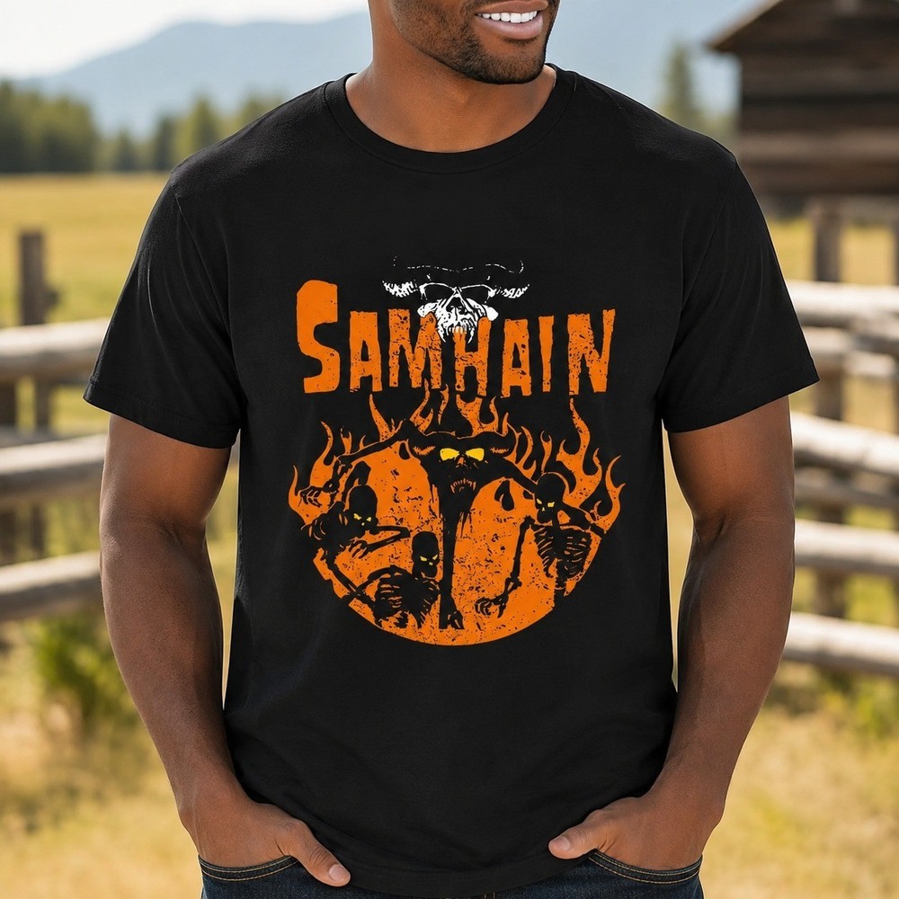 Samhain Graphic T-Shirt Black Cotton Orange Yellow Print Mens Casual Tee