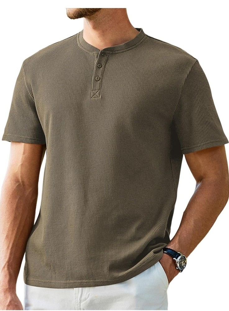 JMIERR Men’s Sz L Henley Shirts Waffle Cotton T-Shirt Gym Workout Athletic Tee.