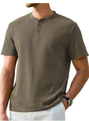 JMIERR Men’s Sz L Henley Shirts Waffle Cotton T-Shirt Gym Workout Athletic Tee.