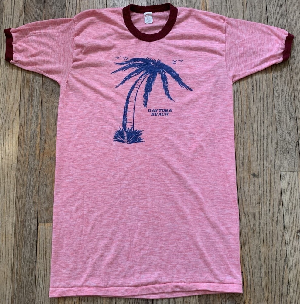 VTG 70s Daytona Beach, FL Single Stitch 50/50 Ringer Shirt, Heather Rose, Men’sM