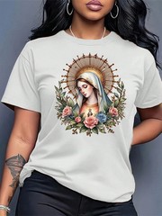 Floral Religious Graphic T-Shirt Round Neck Short Sleeve Top